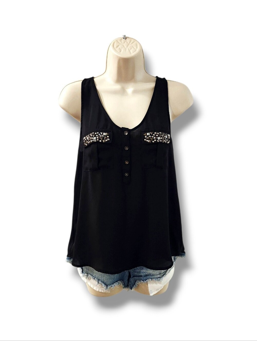 Decree Sheer Studded Hi/Low Sleeveless Blouse | Small